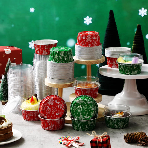 Potchen green Christmas foil cups with lid and snowman design for holiday treats.
