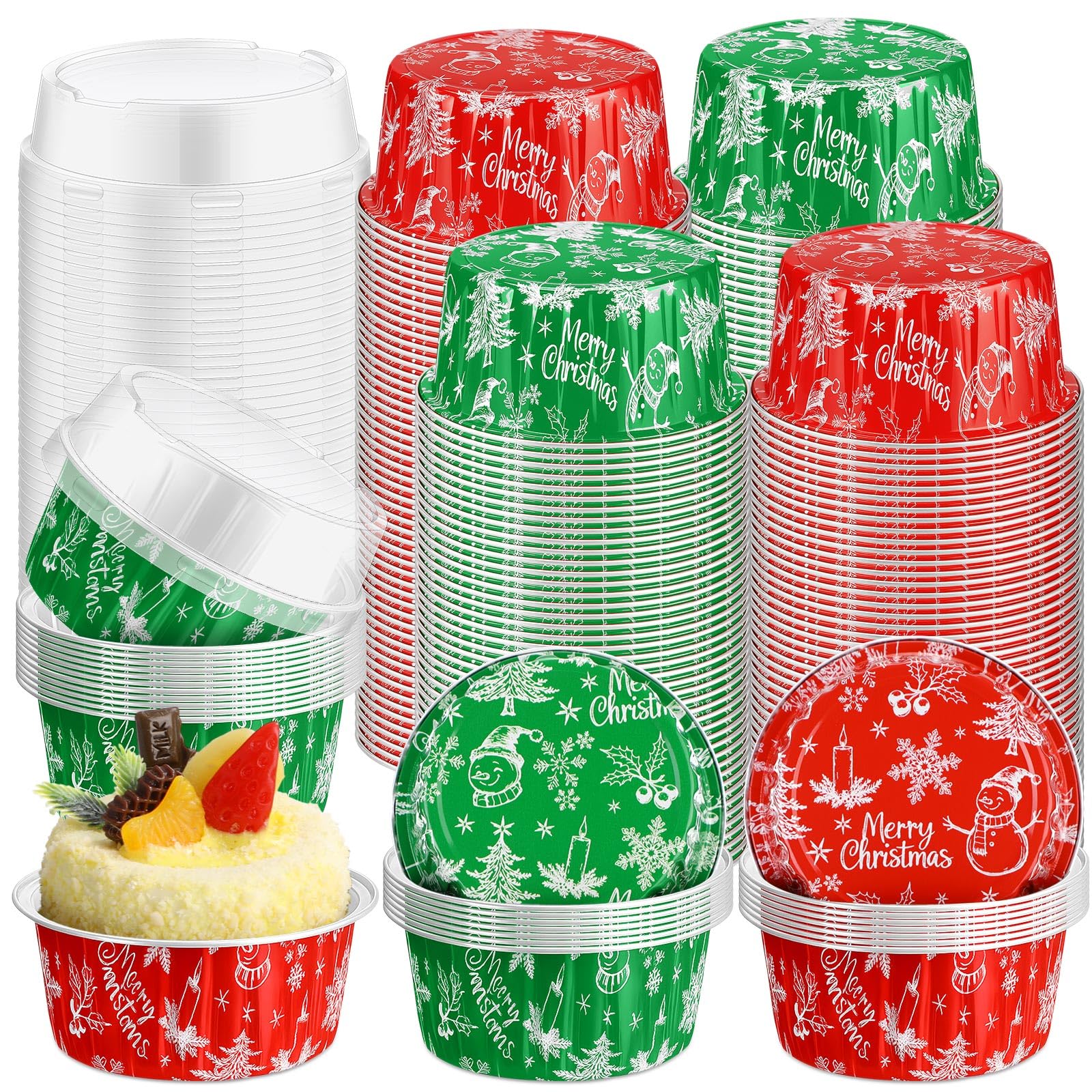 Potchen red Christmas foil cups with lid and snowflake design for festive desserts.