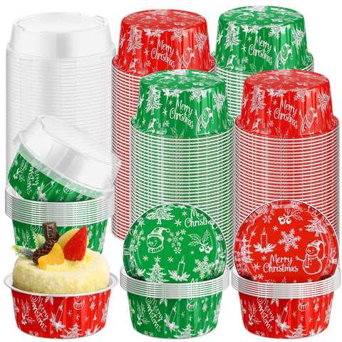 Potchen red Christmas foil cups with lid and snowflake design for festive desserts.