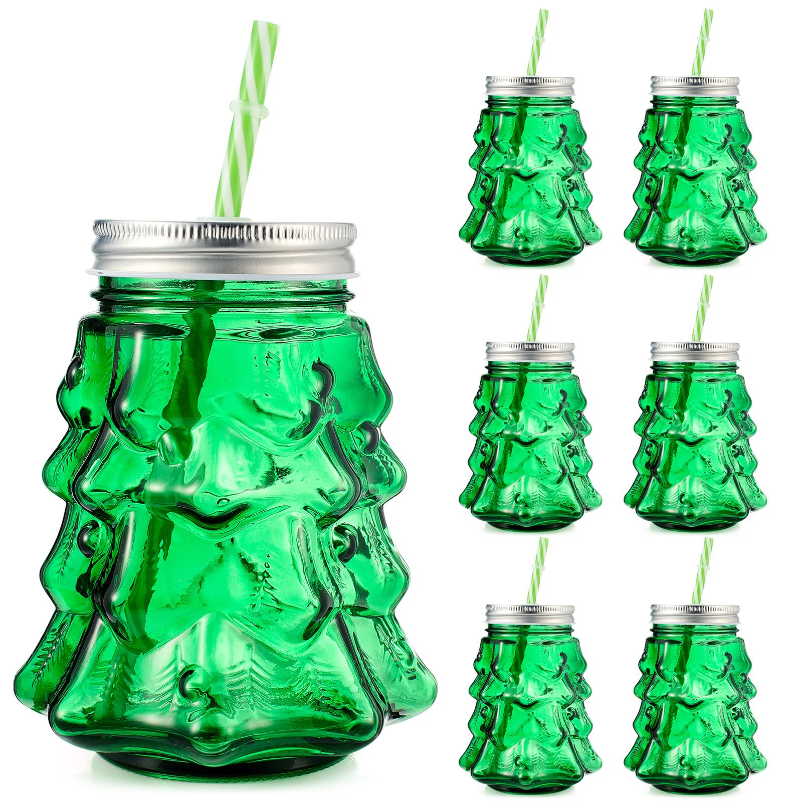 Potchen Christmas tree mason jar cups set with lids and straws for festive gatherings.