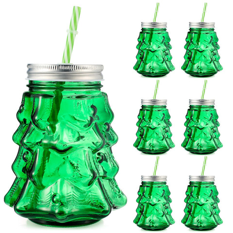 Potchen Christmas tree mason jar cups set with lids and straws for festive gatherings.