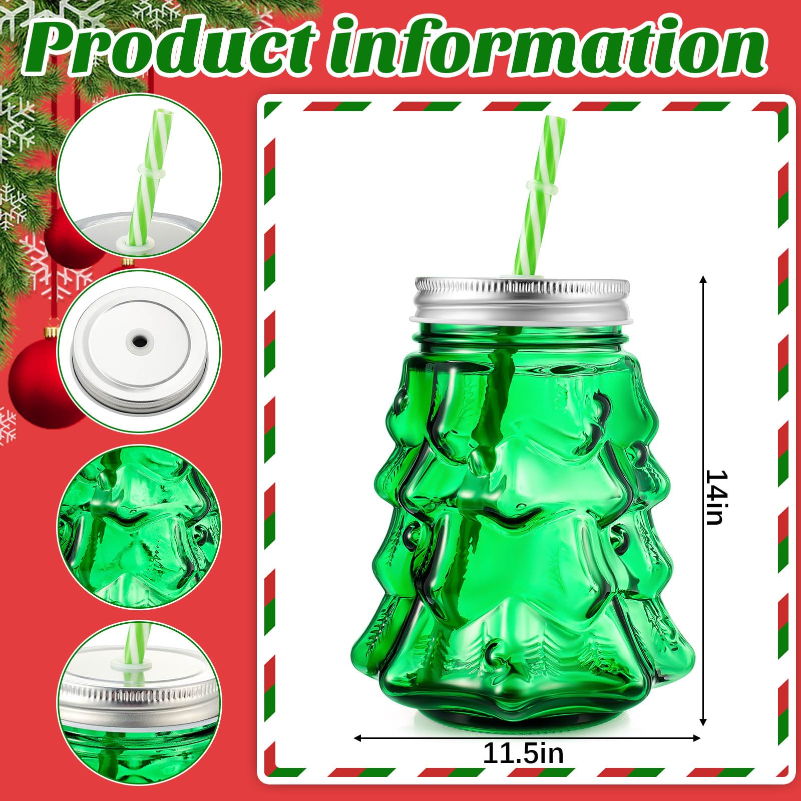 Potchen 19 oz glass tumblers shaped like Christmas trees for festive beverages.
