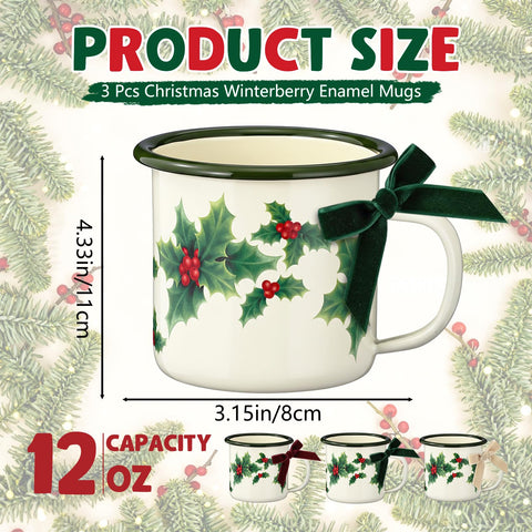 Potchen 12 oz enamel mug featuring holly berry design for cocoa moments