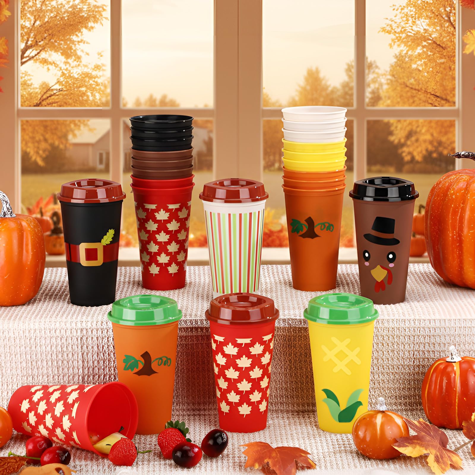Potchen 16oz Thanksgiving cup with cornucopia pattern, ideal for seasonal drinks.