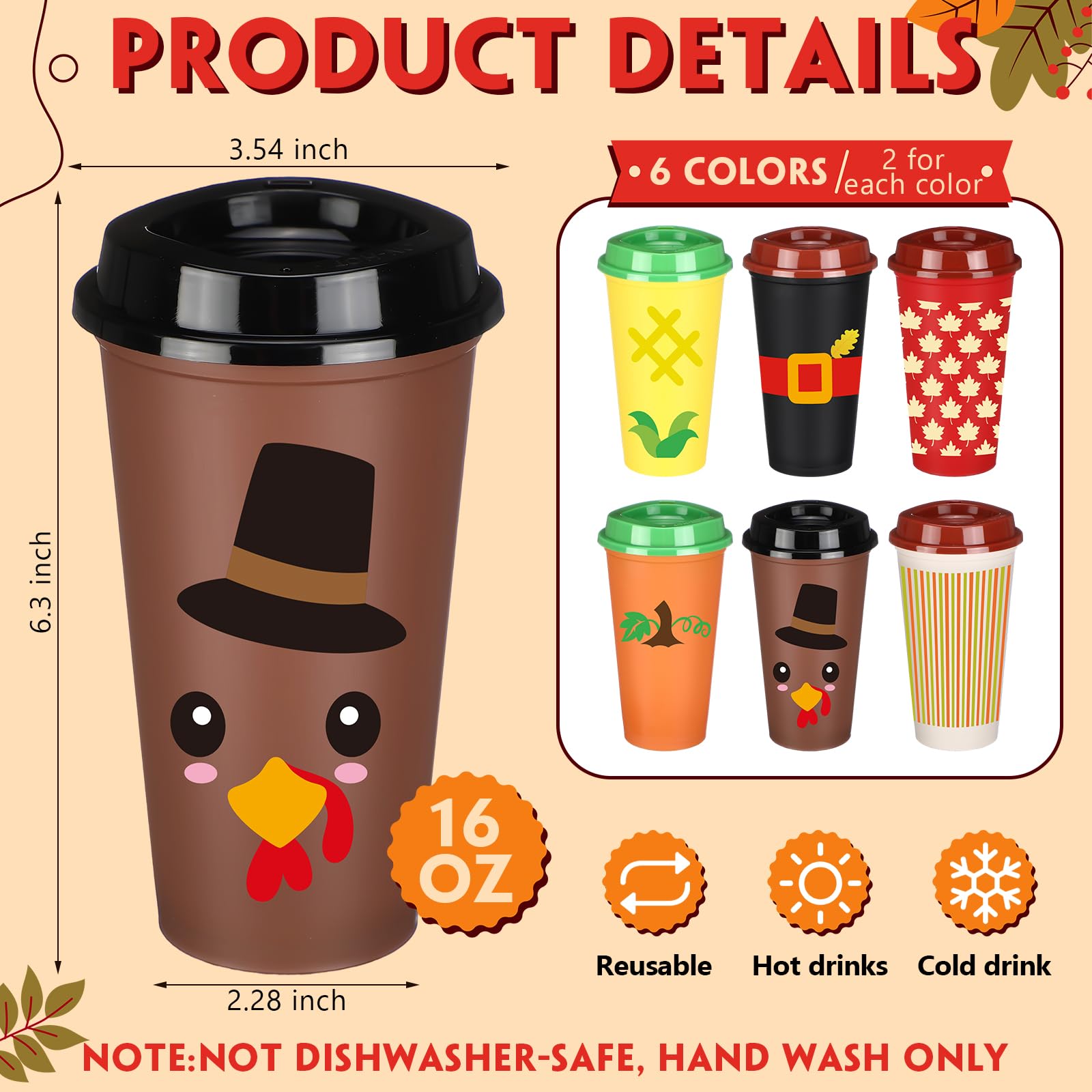 Potchen 16oz Thanksgiving cup show maple leaves, perfect for autumn entertaining.
