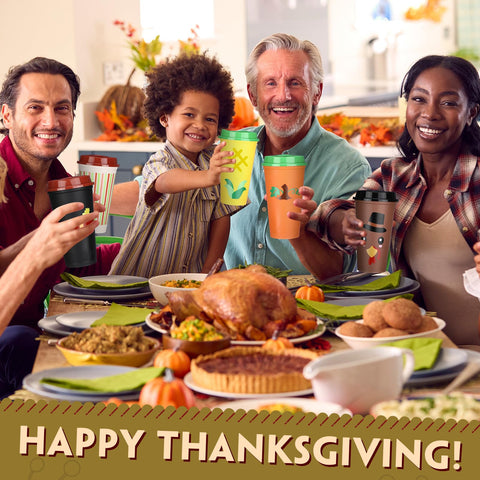Potchen 16oz Thanksgiving cup featuring turkey motif, great for festive cold drinks.