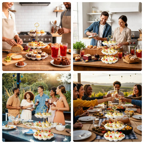 Potchen white floral ceramic surface with gold accents elevates table decor