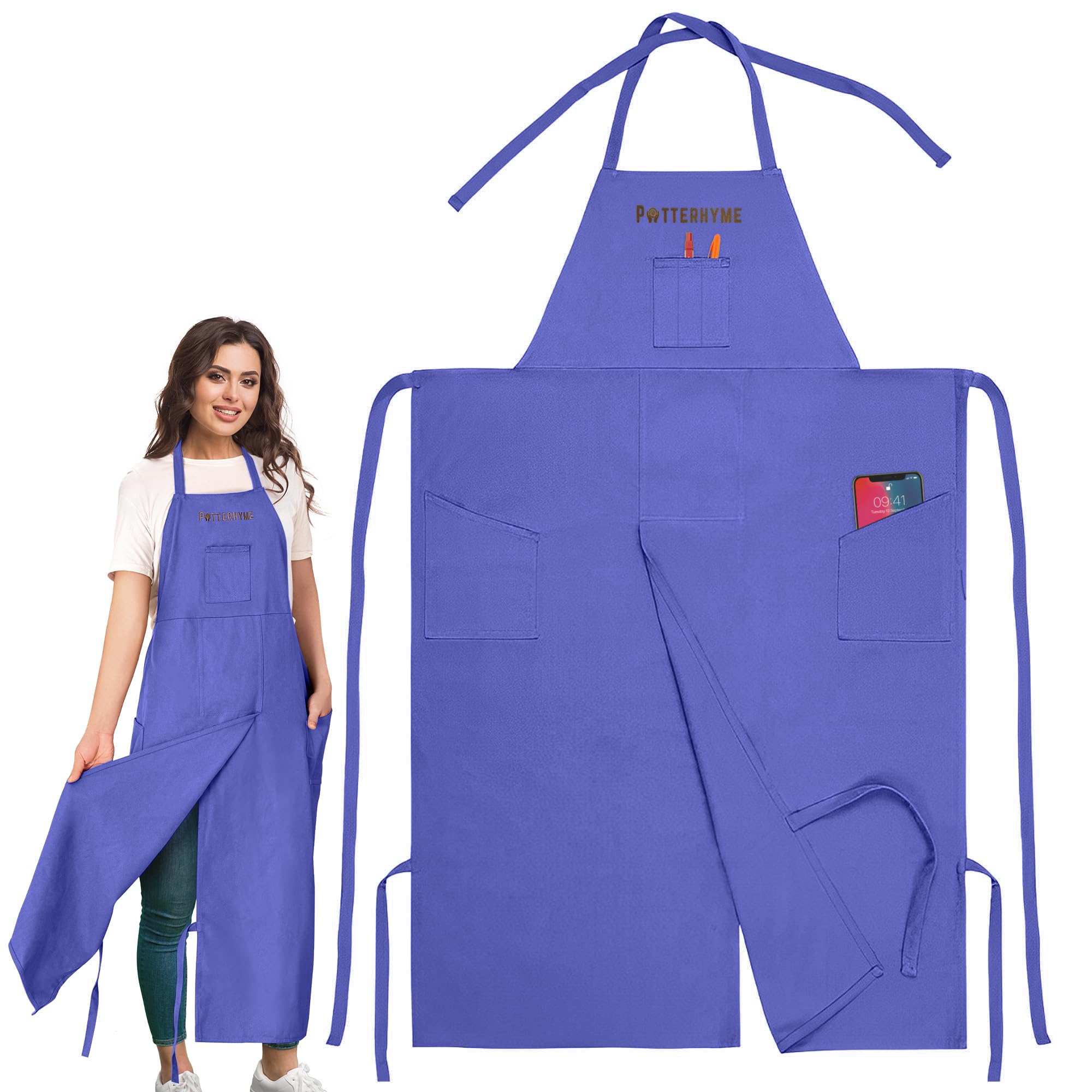 Potterhyme full-coverage apron with split-leg design protects clothing during pottery sessions.