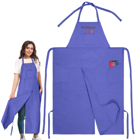 Potterhyme full-coverage apron with split-leg design protects clothing during pottery sessions.
