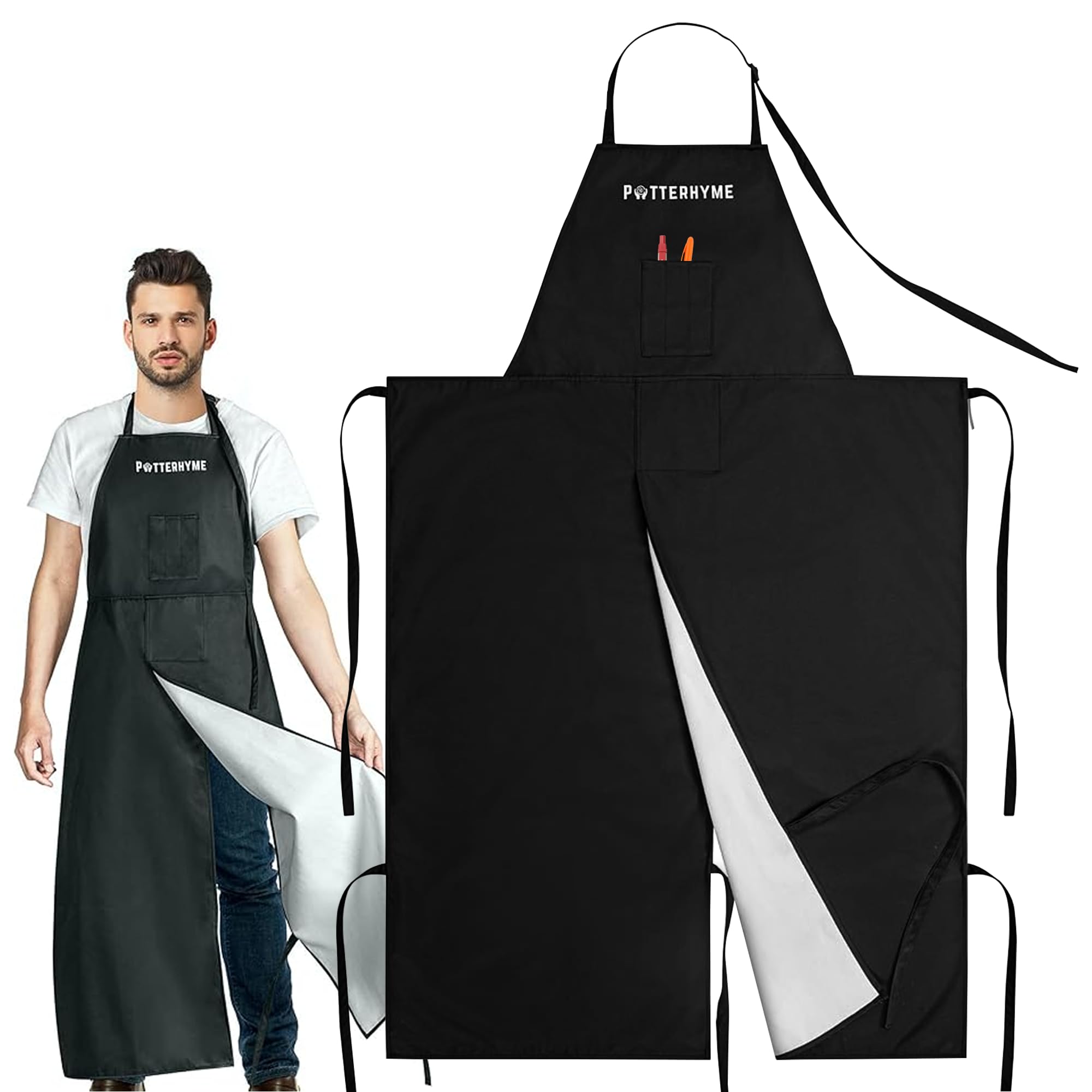 Potterhyme waterproof apron with split-leg design for messy pottery sessions.