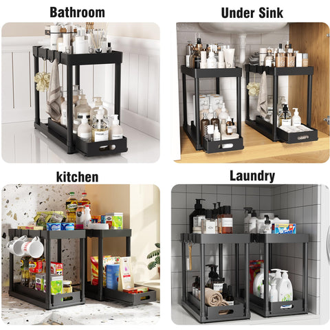 Pougny top shelf stores sponges and toiletries within easy reach.