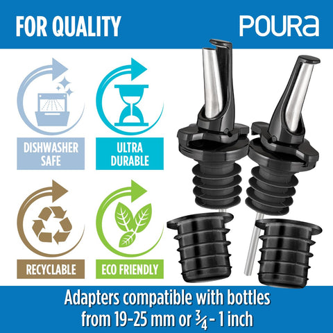 Poura adapters for large-neck bottles expand compatibility at a glance.