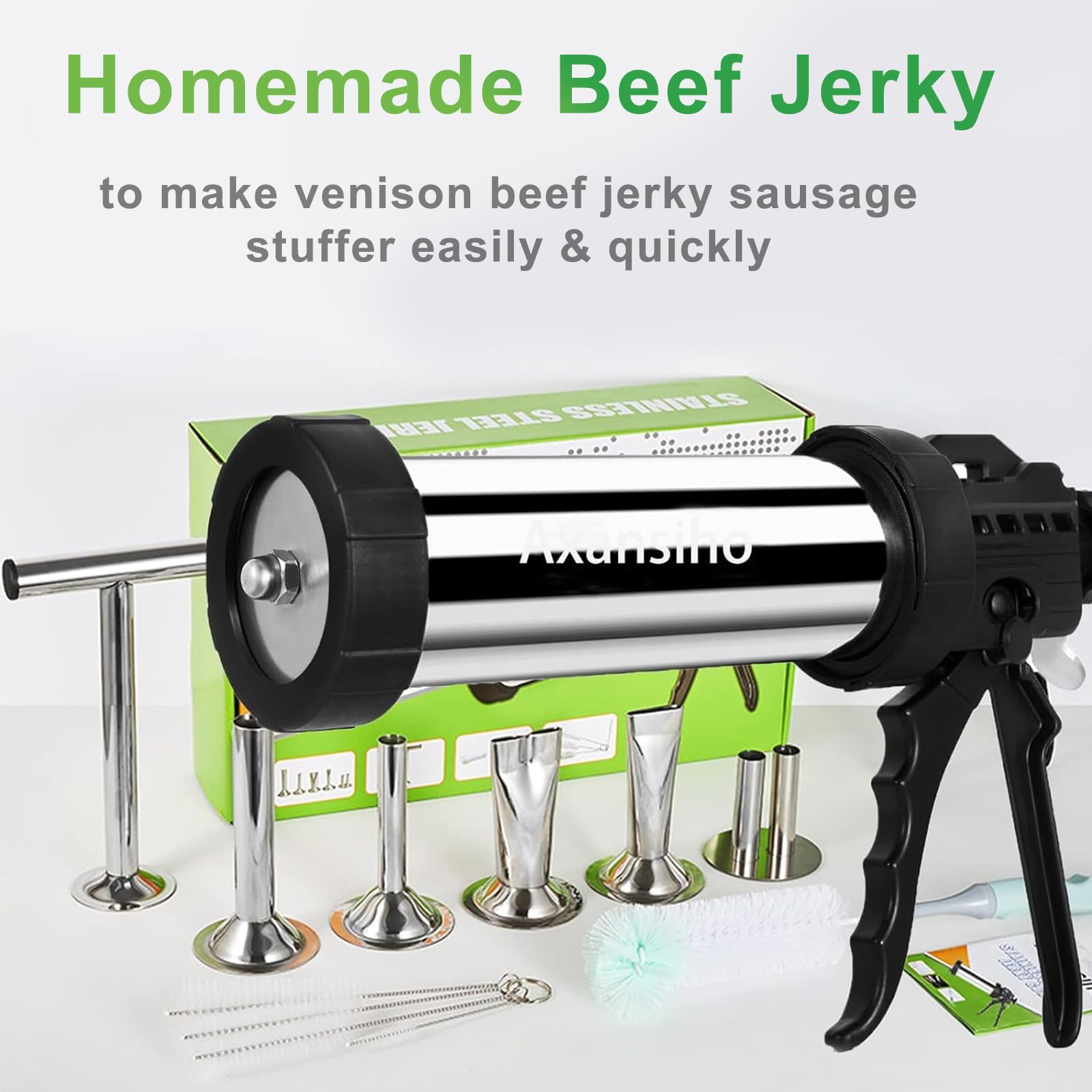 Pousutong meat pusher helps press meat evenly for extrusion.