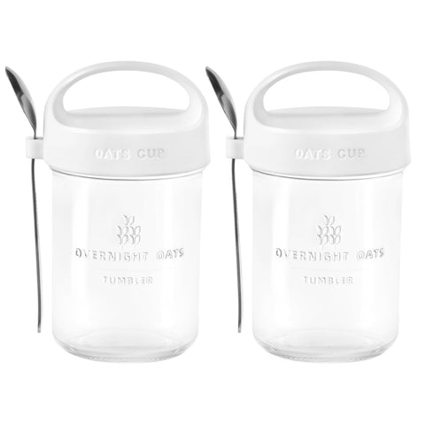 Povinmos overnight oats container with lid and handle—portable 14oz jar for easy morning meals.