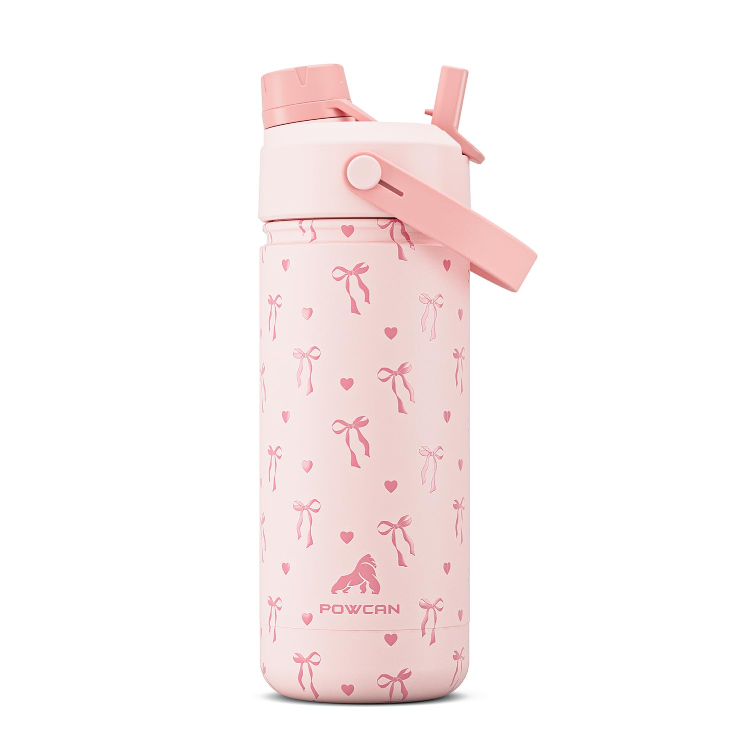POWCAN 18oz bow-pattern bottle designed for school days and playtime.