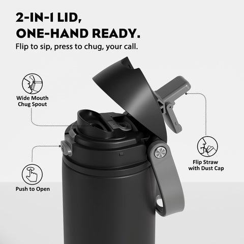 POWCAN insulated bottle showing flip straw, for cooling drinks on the go.