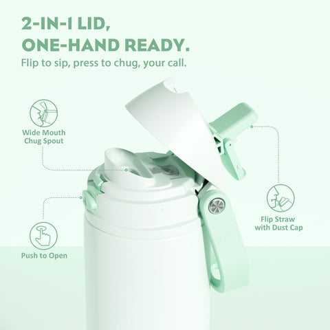 Powcan 24 oz bottle showing 2 in 1 lid for versatile sipping