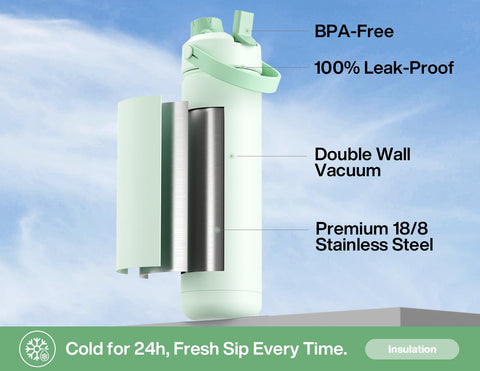POWCAN mint bottle 2-in-1 lid closeup for sipping and pouring