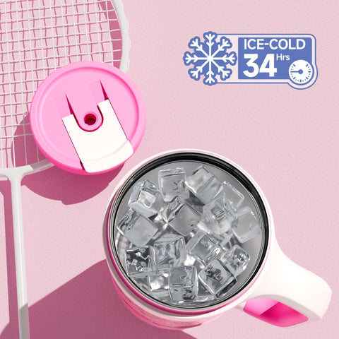 POWCAN pink tumbler with 2-in-1 straw and sip lid for easy sipping.