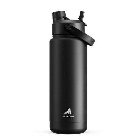 POWCAN 32oz insulated bottle close-up showing cold-hold capability with dark knight finish