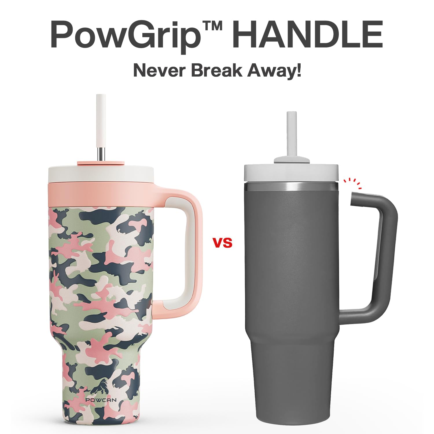 POWCAN double-wall insulation on camo tumbler keeps drinks cold up to 34 hours.