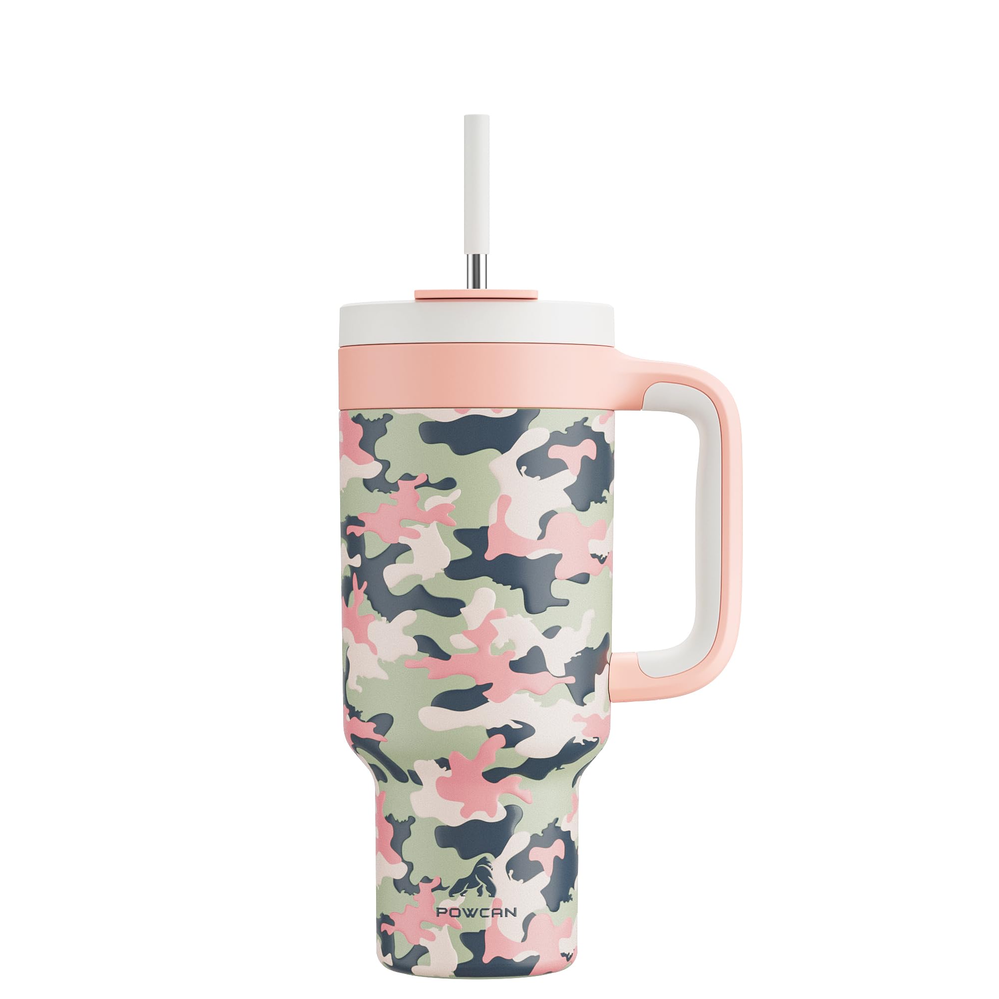 POWCAN 40 oz camo tumbler with handle in Rose Dappled for easy outdoor grip.