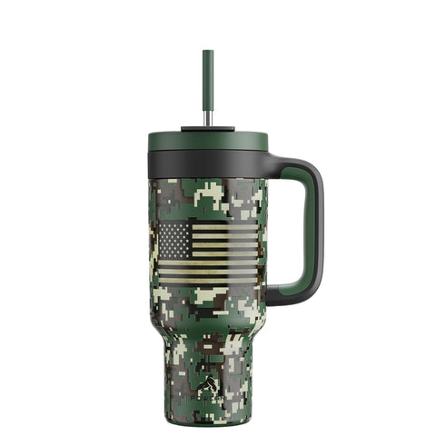POWCAN 40 oz camo tumbler with handle and straw lid for spill-free outdoor sipping.