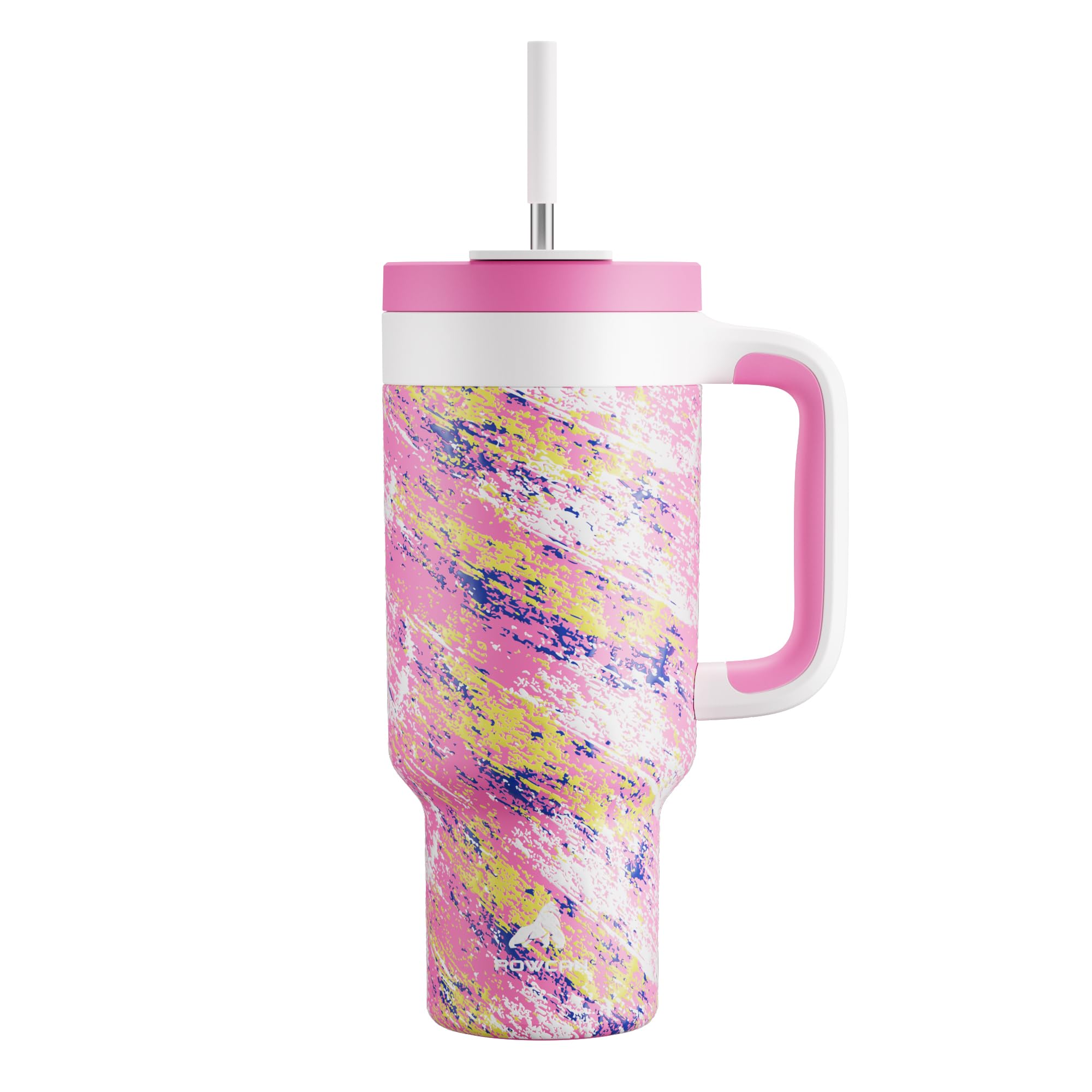 POWCAN 40 oz tumbler with pink handle keeps drinks cold up to 34 hours.