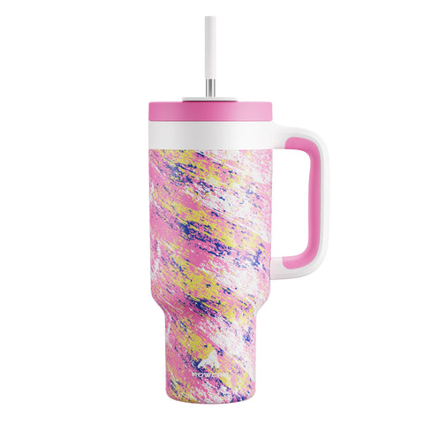 POWCAN 40 oz tumbler with pink handle keeps drinks cold up to 34 hours.