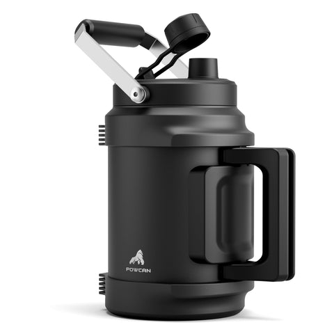POWCAN 64 oz bottle with ice-filled opening for long gym sessions