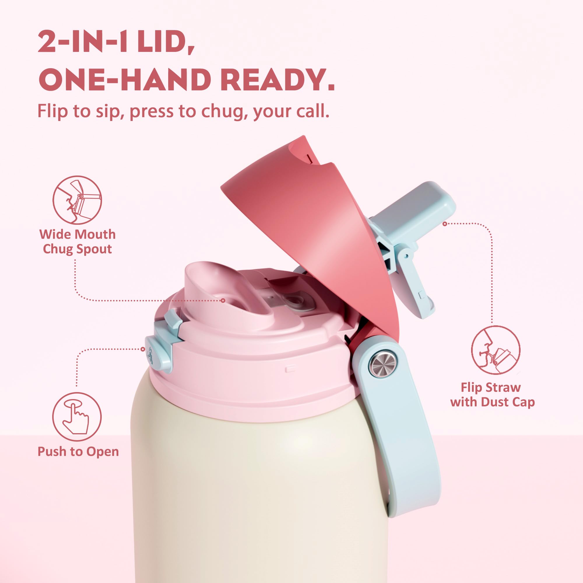 POWCAN bottle 2-in-1 lid for quick sipping and hands-free hydration.