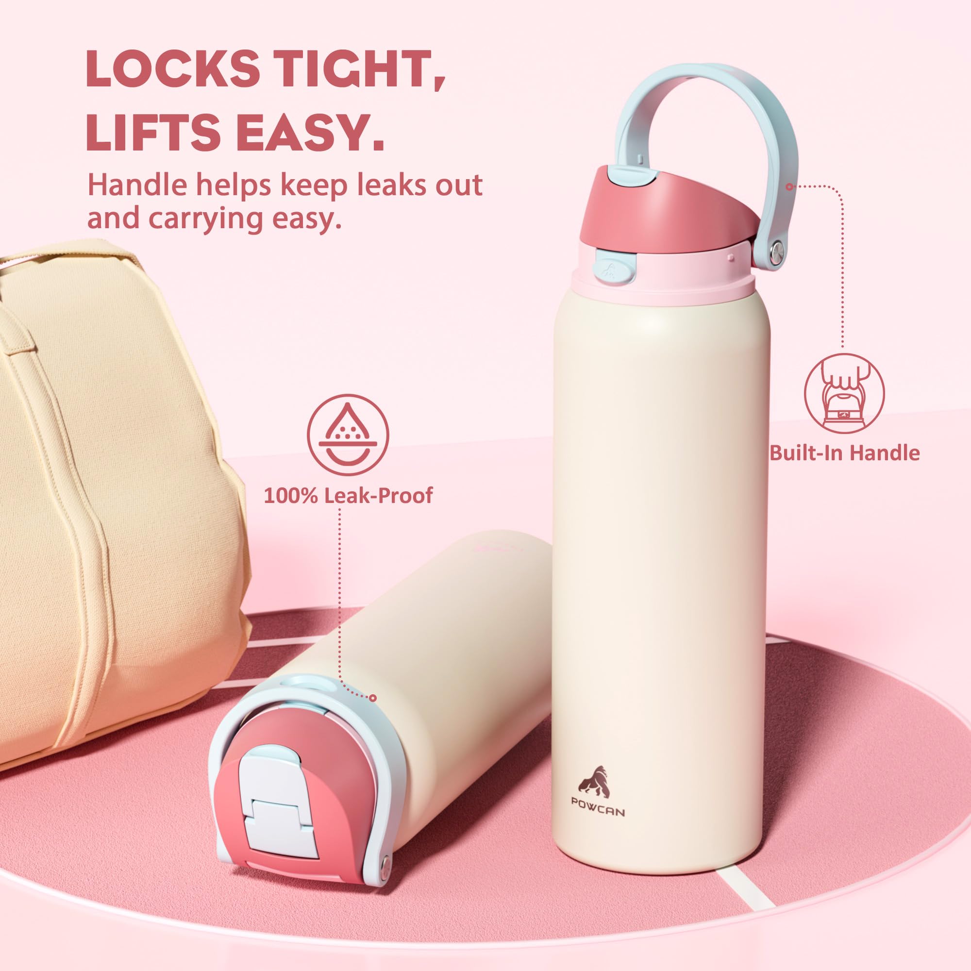 POWCAN leakproof lid keeps drinks secure in bags and cars.