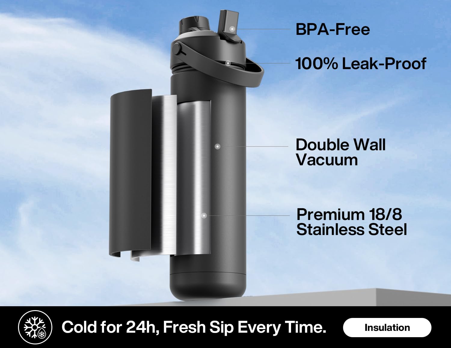 POWCAN stainless steel double-wall bottle prevents condensation and maintains cold beverages.
