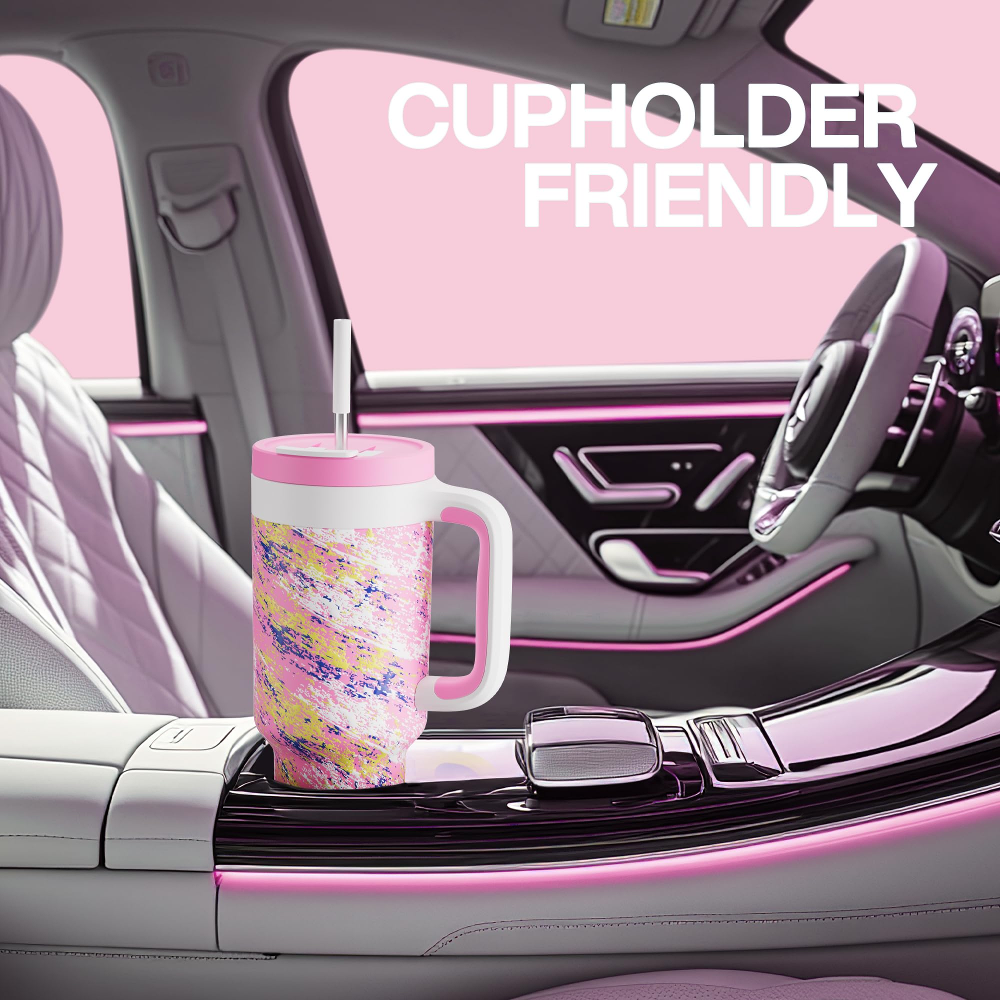 POWCAN pink tumbler with handle fits most car cup holders for on-the-go use.