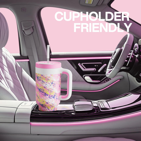 POWCAN pink tumbler with handle fits most car cup holders for on-the-go use.
