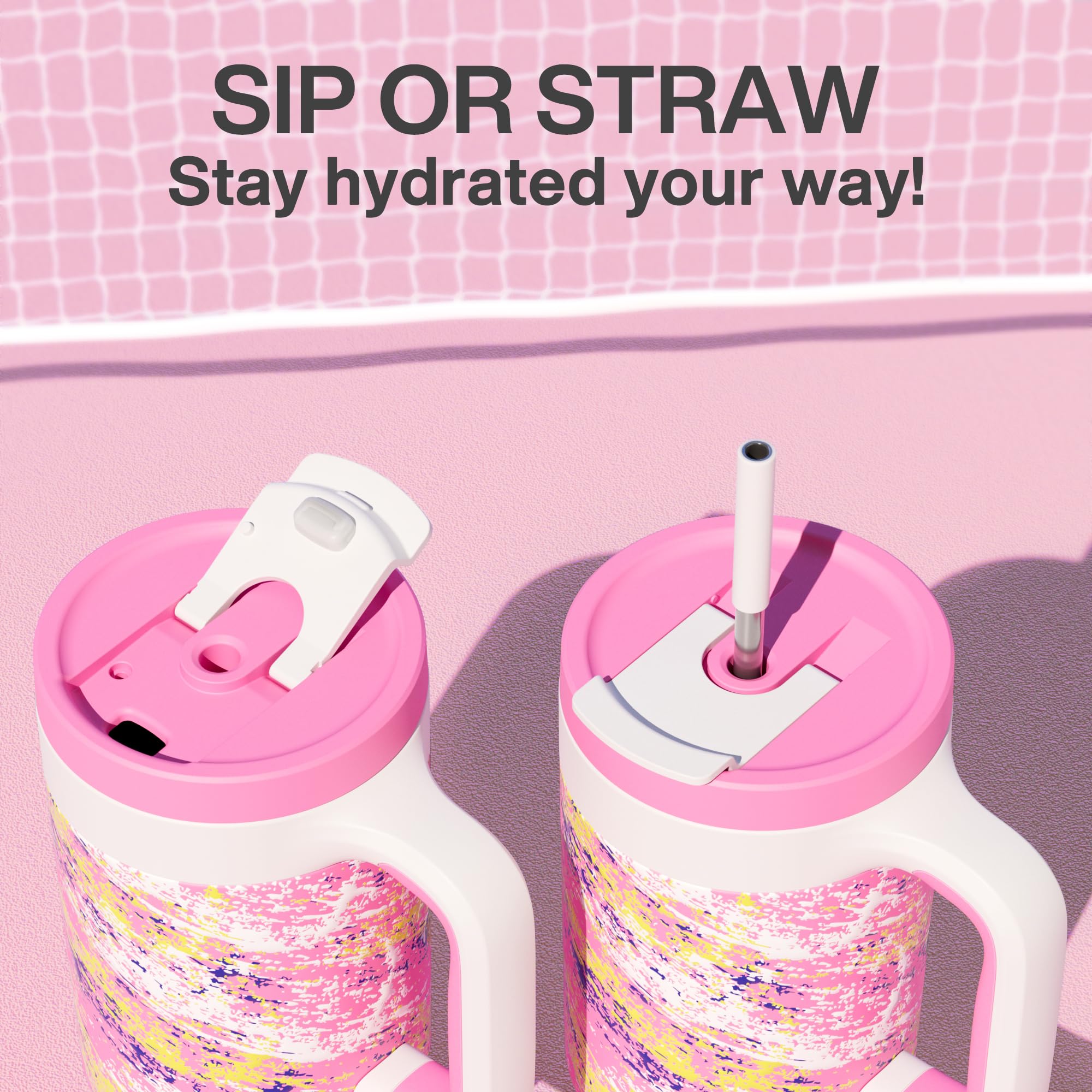 POWCAN pink 40 oz tumbler with ergonomic handle offers a firm grip.