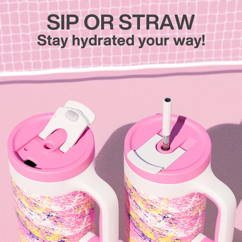POWCAN pink 40 oz tumbler with ergonomic handle offers a firm grip.