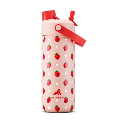 Powcan 18 oz kids bottle front view with strawberry daisy design for fun hydration.