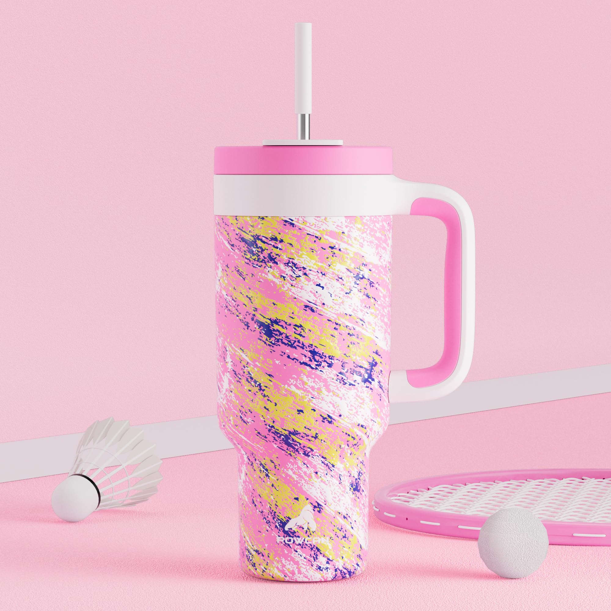 POWCAN pink 40 oz tumbler reduces refills on road trips.