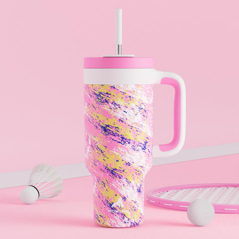 POWCAN pink 40 oz tumbler reduces refills on road trips.