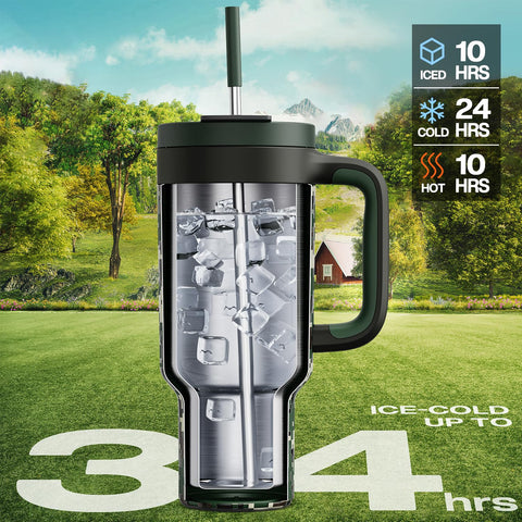 POWCAN woodland flag tumbler closeup shows double-wall insulation for cold drinks.