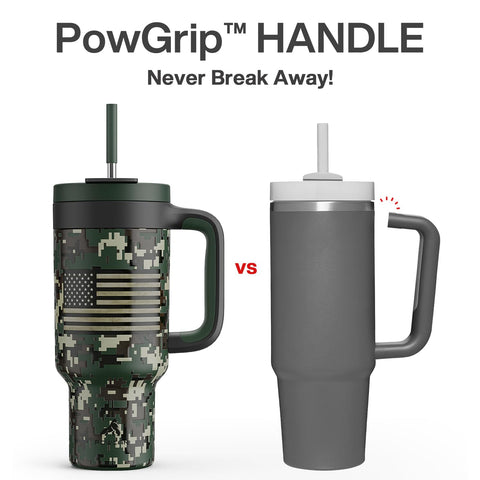 POWCAN 40 oz tumbler sideview highlights PowGrip handle for a secure grip.