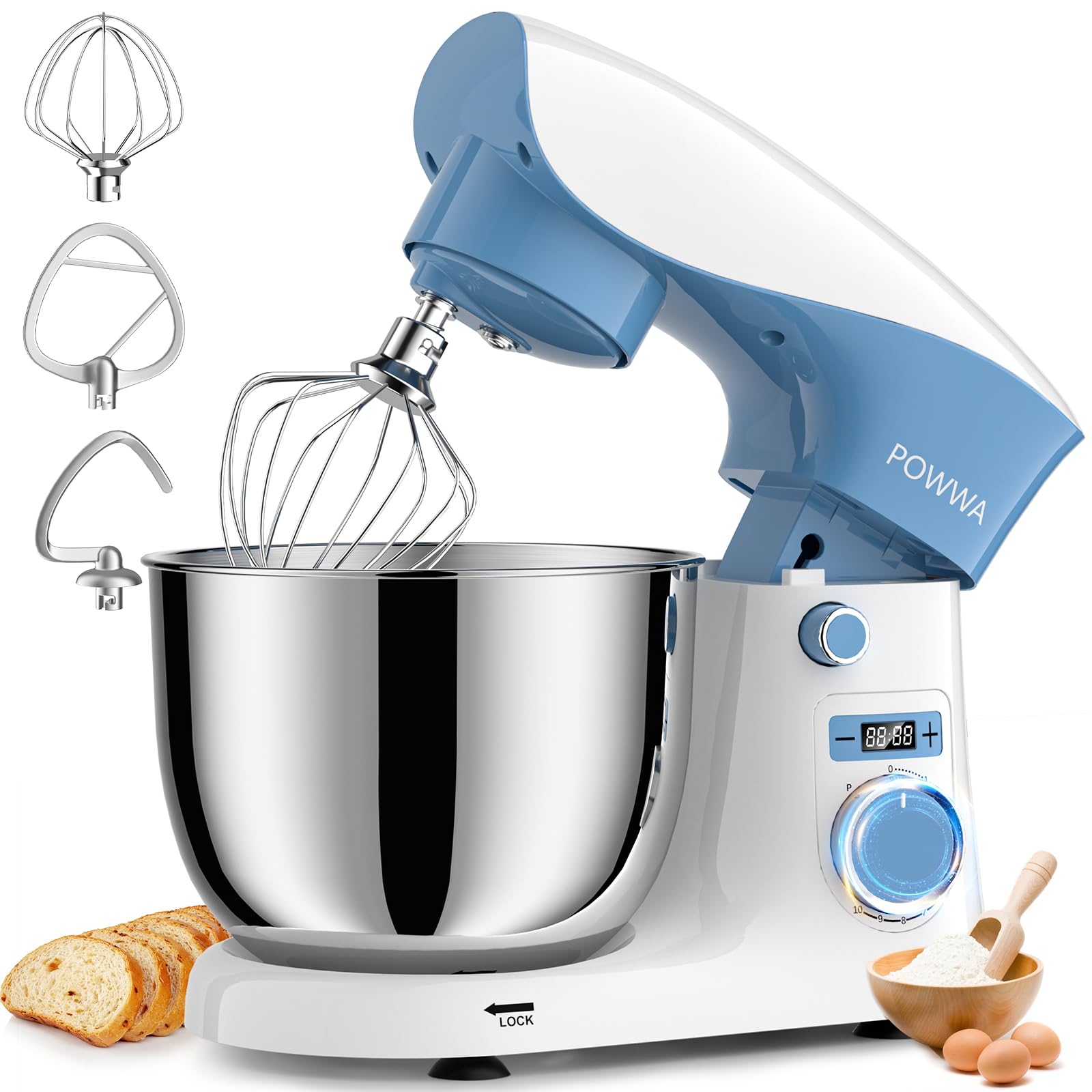 POWWA stand mixer 6.5 qt bowl for large batches and consistent mixing.