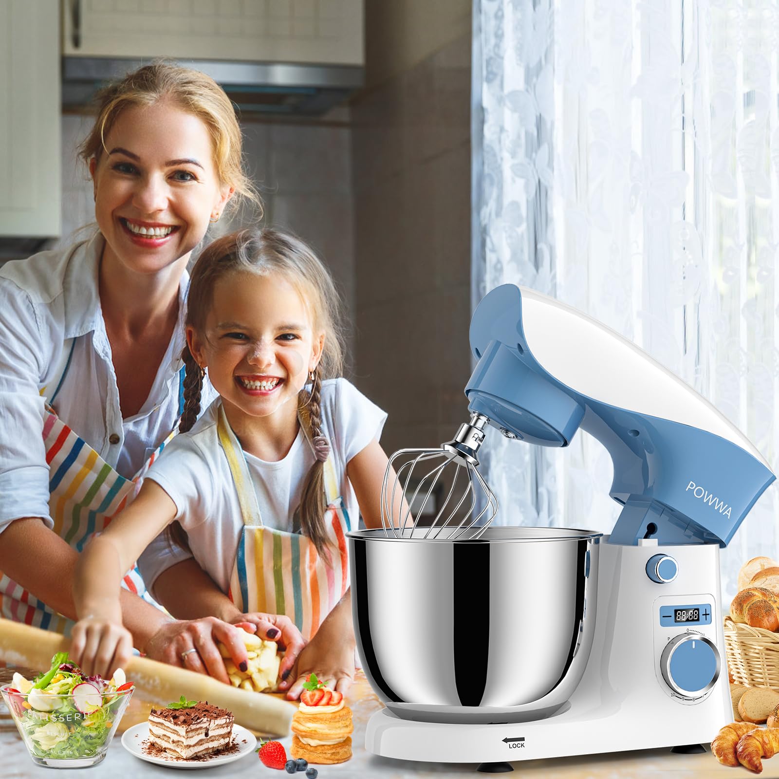 POWWA elegant white-blue finish complements modern kitchen decor.