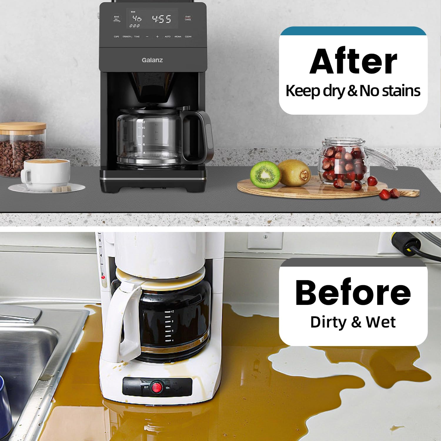 PoYang coffee mat used as a drying mat in a busy kitchen