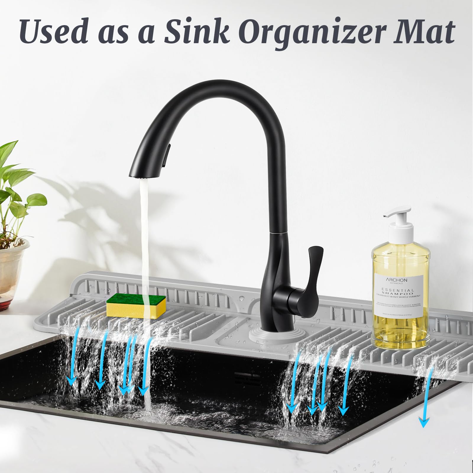 PoYang organizer area holds sponge, soap, and brush while dripping into the sink