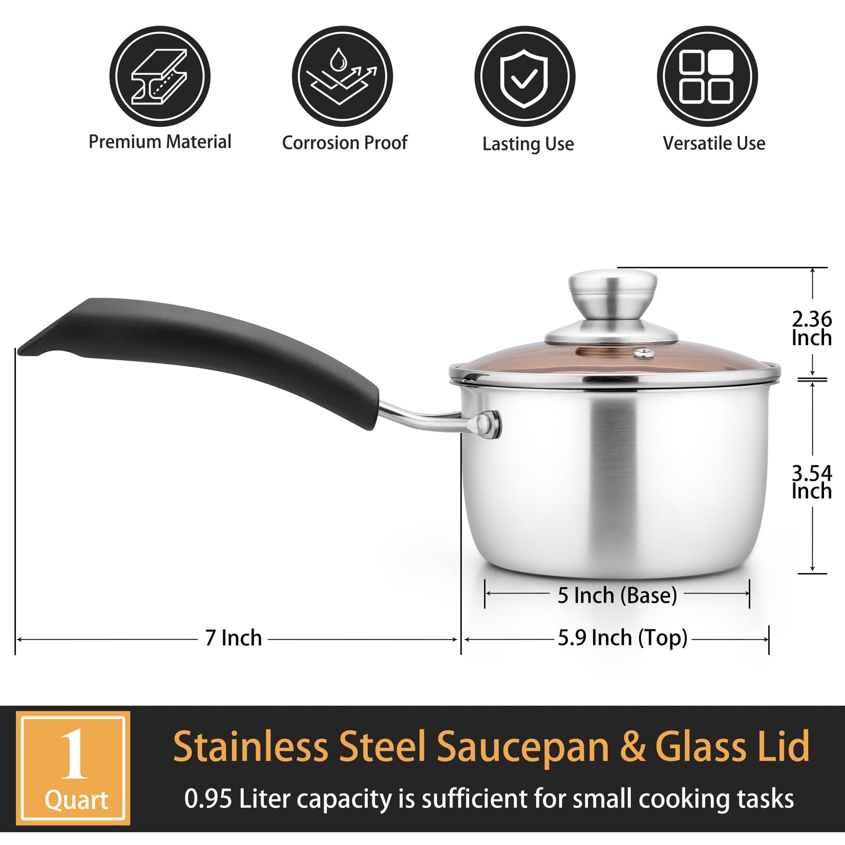 P&P CHEF 1qt saucepan with heat-proof Bakelite handle for safe grip.