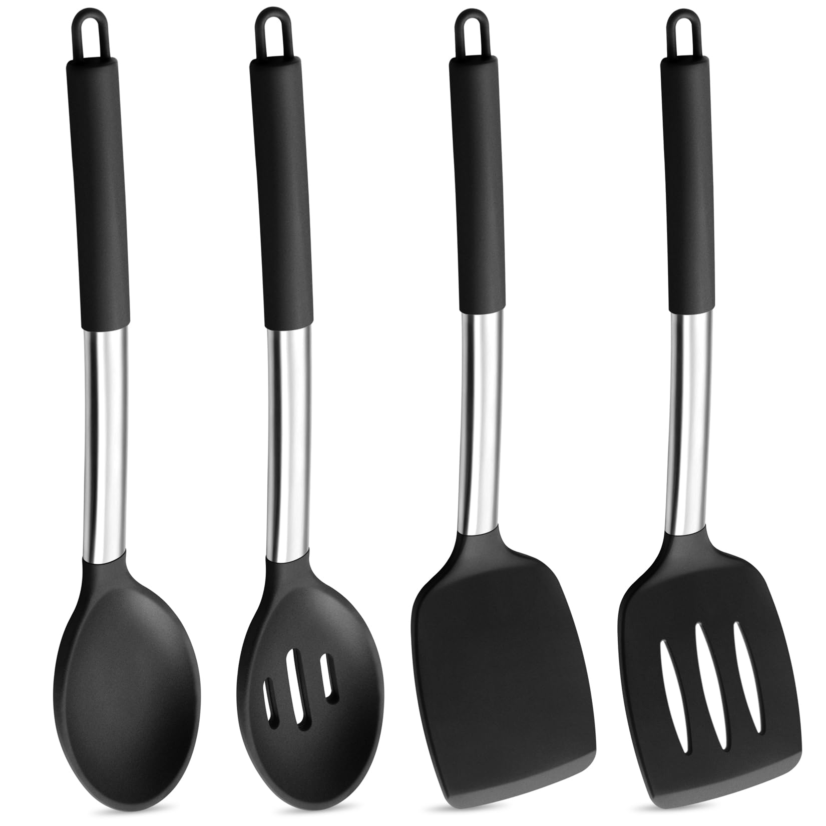 P&P CHEF black 4-piece silicone set with solid spatulas and spoons for nonstick cookware.