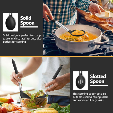 P&P CHEF dishwasher-safe black utensils simplify cleanup after cooking.