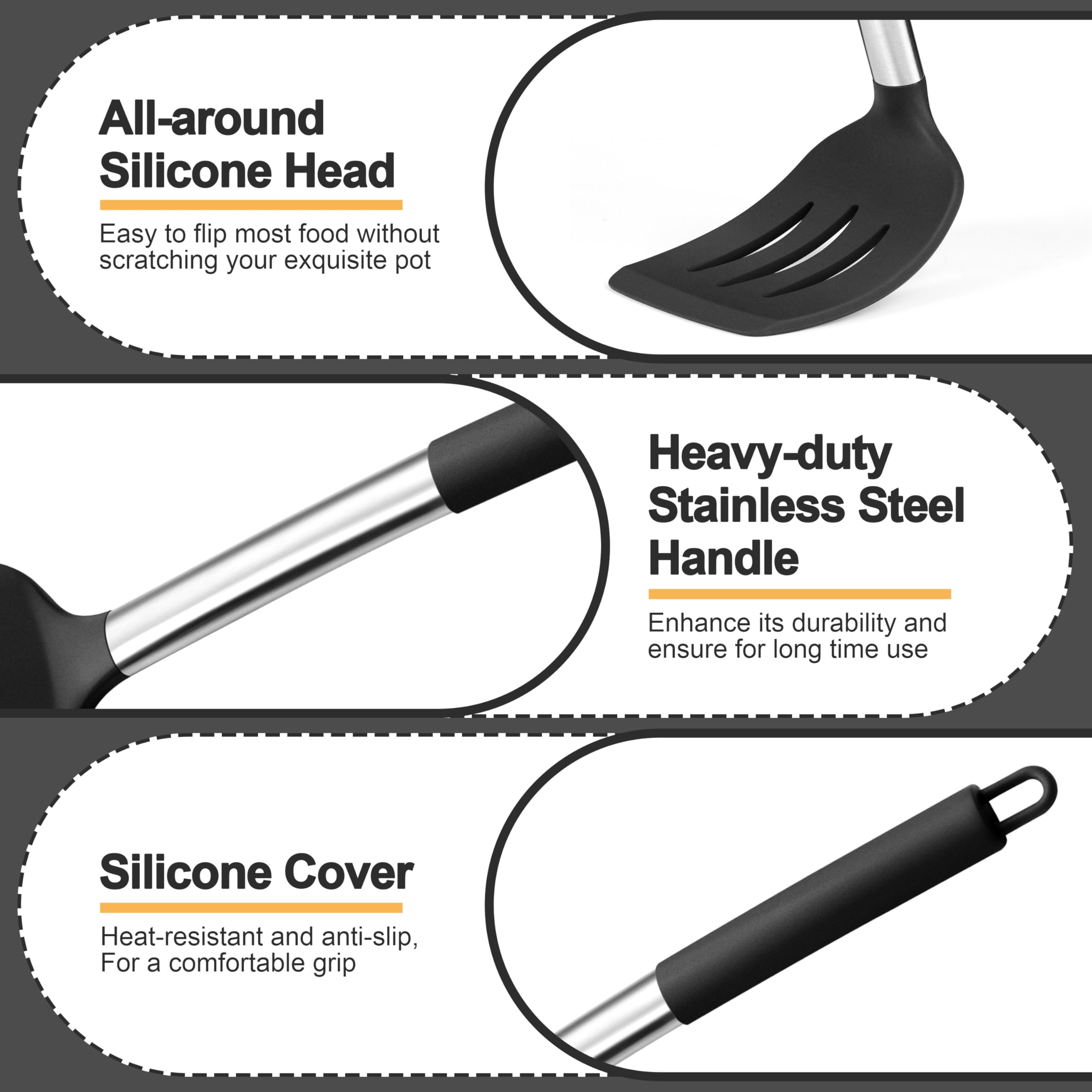 P&P CHEF silicone-slotted spoon in black for draining excess grease.